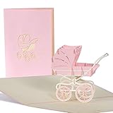Pop Up Karte mit rosa Kinderwagen aus Papier, Glueckwunschkarte zur Geburt von Maedchen, Baby Dusche G13.3