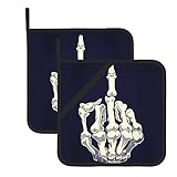 HABXNJF Mittelfinger Totenkopf-Topfhalter für Küche, 20,3 x 20,3 cm, Hot Pads mit Aufhängeschlaufe, waschbar, für die tägliche Küche, Backen, 2 Stück