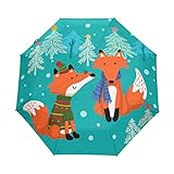 Fuchs Tierliebe Winter Regenschirm Taschenschirm Auf-Zu Automatik Schirme Winddicht Leicht Kompakt UV-Schutz Reise Schirm für Jungen Mädchen Strand Frauen