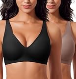 Ganado Damen BH Tiefem V-Ausschnitt Nahtloser BH Ohne Bügel Push Up BH Bralette Soft Bequem BH Bügellos Bustier (Schwarz+Hellbraun, XL)