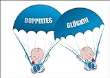 Süße Zwillings Babykarte/Glückwunschkarte zur Geburt von Zwillings Jungen mit blauen Babys an Fallschirmen: Doppeltes Glück!!!
