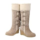 Winterstiefel Gefüttert Damen Hohe Stiefel Vintage Wildleder Winterboots mit Keilabsatz und Schnürung, Frauen Winter Langschaftstiefel Bequem Warme Damenschuhe Celucke (Beige, 37 EU)