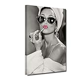 ZHONGYUTONG Audrey Hepburn Leinwandbild mit Rahmen Rosa Lippenstift Wand Gemälde Schwarz Weiß Kunstdruck Moderne Wanddekoration für Wohnzimmer Schlafzimmer (30x45cm)