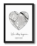 Poster Stadtplan als Herz | Personalisiertes Bild 'Wo alles begann' | Geschenk Partner Hochzeit Jahrestag Hochzeit | Minimalisticher Stil Schwarz-Weiß Koordinaten