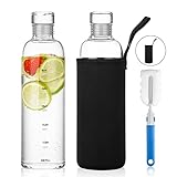 BINCOO Glaswasserflasche mit Zeitmarkierung, wiederverwendbare Glasflasche, Milchflasche, Saftflasche, Glas-Trinkflasche mit Schutzhülle und Reinigungsbürste, 2 Stück