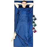 MIQIO® 2in1 Hüttenschlafsack mit durchgängigem Reißverschluss (Links oder rechts): Leichter Komfort Reiseschlafsack und XL Reisedecke in Einem - Sommer Schlafsack Innenschlafsack Inlett Inlay - Blau