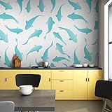 Art Murals Fototapete Wynilova, 384 x 250 cm, Blaue Fische auf Weiss, Kinderzimmertapete, Tapete fürs Wohnzimmer, Schlafzimmer Tapete für Badezimmer