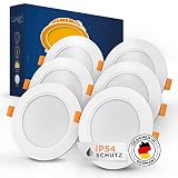 Luxari LED Einbaustrahler 230V flach [6er Set 9W] – IP54 Deckenstrahler für Bad – 3000K Warmweiß, 900lm, 90-105mm, LED Einbauleuchten Sp