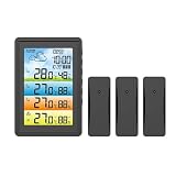 Wetterstationen, Drahtlose bunte Wetterstation, digitales Innen-Hygrometer, Thermometer, Barometer, Prognose, Trend, Mondphase, Wecker, 3 Sensoren,für den Hausgarten(Noir)
