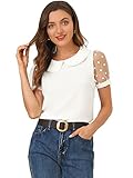 Allegra K Damen Mesh Oberteil Kurzarm Puffärmel Puppenkragen Vintage Polka Punkte Top Bluse Weiß L