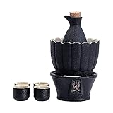 JJDSN Sake-Set, chinesisches Keramik-Hot-Sake-Set, Sake-Set und Tassen mit Wärmer, Feuersymbol-Stil, 7-teiliges traditionelles Porzellan, A für Sake-Liebhaber, Schwarz