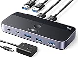 UGREEN USB Switch 2PC mit 1C3A 3.0 Ports, 2 In 4 Out USB Umschalter KVM Switch Alugehäuse mit Desktop-Kontroller, 2*A auf A Kabeln für Tastatur, Maus, Drucker, Scanner usw