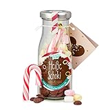 DIY heisse Schoki zum Selbermachen, süße Trinkschokolade im Glas mit 45 gr Schokodrops, Mini-Marshmallows und einer Zuckerstange, warmer Kakao