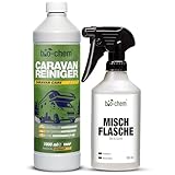 bio-chem Caravan- und Wohnmobil-Reiniger - Extra starkes Konzentrat - 1000 ml + Handspray-Mischflasche - Reiniger für Wohnmobile, Wohnwagen, Vorzelte, Regenstreifenentferner - Made in DE
