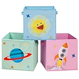 SONGMICS Aufbewahrungsbox, 3er Set, Spielzeug-Organizer, 30 x 30 x 30 cm, Faltbox, Stoffbox mit Griffen, für Kinderzimmer, Spielzimmer, mit Weltall-Motiven, blau, grün und rosa RFB001Y03