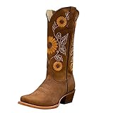 Geilisungren Damen Vintage Cowboystiefel Floral Bestickt PU-Leder Lange Stiefel Quadratische Absätze Slip On Schuhe Winter Hoch Boots Reitstiefel…