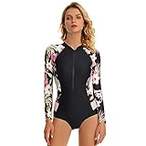 Beachkini One-Piece Swimsuit for Women Long-Sleeved Swimwear with Front Zip Triangle Swimsuit,Black Peony,S