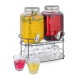 Relaxdays Getränkespender im 2er Set, Wasserspender mit Ständer, 6 Trinkgläser, 4 Liter Glas mit Zapfhahn, transparent
