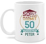 50. Geburtstag personalisiert - Tasse - So gut kann man mit 50 aussehen zum Fünzigsten - rot/blau - Unisize - Weiß - Tasse - Q9061 - Kaffeetasse und Teetasse 325 ml