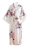 OLESILK Damen Lang Morgenmantel Satin Kimono Kurzarm Robe Bademantel mit Gürtel V-Ausschnitt Nachtwäsche Negligee mit Pfau und Blumen Muster, Weiß