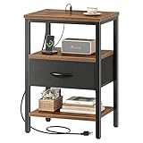 QAQCDAHJI Nachttisch 2er-Set, Nachttisch mit Ladestation, verstellbare Stoffschublade, Nachttisch for Schlafzimmer, 3-stufiger Aufbewahrungs-Couchtisch, for Wohnzimmer, rustikales Braun(Brown)
