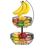 Obstregale 2-stöckiger Obstkorb mit Bananenaufhänger,Gemüseregal Abnehmbarer Draht Obst-Gemüse-Schüssel, Arbeitsplatte Küche Aufbewahrungskorb für Obst Gemüse Snacks Brot Eier, Schwarz