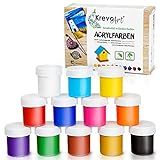 Krevo Art Wasserfeste Acryl-Farben, Acrylic Paint - 12 stark pigmentierte Acrylfarben Set je 20ml, Kinder Bastelfarben für Papier, Stein, Holz, Ton, Gips, Leinwand