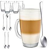 6 Latte Macchiato Gläser mit Henkel und Löffel - 300ml - Hält lange warm - Ideale Größe für Kaffeevollautomaten - Spülmaschinenfest