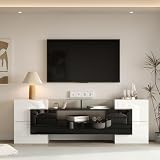 HETHLIO TV Schrank – Stilvolles Lowboard, 200 cm, in Hochglanz Weiß und Schwarz. Modernes TV Board mit LED-Beleuchtung und eleganter Glasoberfläche. Ideal für Ihr Wohnzimmer und zeitgemäßes Design!