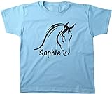 Kinder T-Shirt Pferd Pferdekopf mit Name Wunschname Farbe Blau mit Flockdruck