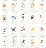 20 Dankeskarten mit 20 verschiedenen Aquarell-Tierzeichnungen auf der Vorderseite