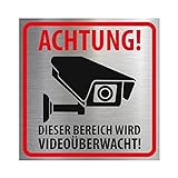 Hochwertiges Schild aus gebürstetem Alu-Dibond ' ACHTUNG - DIESER BEREICH WIRD VIDEOÜBERWACHT ' 200 x 200 mm rechteckig | Videoüberwachung | Grundstück wird videoüberwacht |