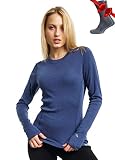 Merino.tech Merino Shirt Damen Langarm - Premium 100% Merino Unterwäsche Damen Langarmshirt, Sportunterhemden + Wollsocken (Medium, Windsor Blue 250)
