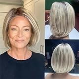 Aschblonde, kurze, glatte Bob-Perücke mit dunkelbraunem Ansatz und weichem Seitenscheitel für Damen, schulterlange, kinnlange Kunsthaarperücken für den Alltag (Blonde)