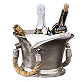 LOBERON Sektkühler Maxwell, Weinkühler mit Antik-Finish, seitliche Griffe aus grobem Seil, antik-maritimes Design, Flaschenkühler, Tischaccessoire, Aluminium, Jute, silb