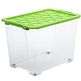Rotho Evo Safe Keeping Aufbewahrungsbox 65l mit Deckel und Rädern, Kunststoff (lebensmittelecht) BPA-frei, transparent/grün, 65l (59,0 x 39,5 x 41,2 cm)