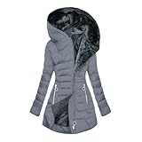 SIYAN Winterjacke Damen a Wintermantel Fleece Gefüttert Steppjacke Warmer Daunenjacke Elegant Parka Mit Kapuze Winterparka Hoodie Reißverschluss Jacke Winddicht Outdoorjacke,M-5XL(Grey,L)