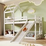 BXEYXE Kinderbett Baumhaus mit Rutsche & Leiter 90 x 200 cm, Hochbett für Kinder– 2X Lattenrost- Weiß