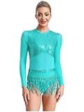 TiaoBug Damen Pailletten Ballettenanzug Langarm Rundhals Tanzbody mit Fransen Latein Eiskunstlauf Gymnastik Turn Trikot Kleid Ballettkleidung Hellblau M