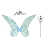 Mädchen verkleiden sich Prinzessin Fee Kostümset mit Flügeln, Zauberstab und Krone, funkelnde Engelsflügel Schmetterlingsflügel mit elastischen Schultergurten für Halloween Cosplay Kostüm, für Kinder