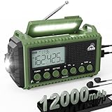 Notfallradio 12000mah mit Kurbel Und Solar, AM/FM/SW Solar Radio,SOS,Wiederaufladbar Powerbank,Taschenlampe,Kopfhöreranschluss,Leselampe,Tragbar Kurbelradio, Regensicher (grün)