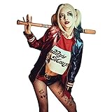 Amycute Quinn Cosplay Kostüme für Erwachsene, Mädchen Bösewicht Suicide Kostüm Kit enthalten Jacke, T-Shirt, Shorts und Handschuh für Halloween Karneval Cosplay (XL)