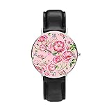 Wild Rose Personalisierte individuelle Uhr Casual Schwarz Lederarmband Armbanduhr für Männer Frauen Unisex Uhren, Schwarz