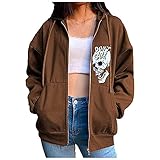 iHENGH Damen Vintage Graphic Zip Up Hoodie Sweatshirt E-Girl 90s Streetwear Jacke(Braun, XL)