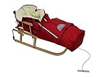 Holzschlitten für Kinder mit Rückenlehne Rodelschlitten Davoser Schlitten aus Holz mit einem Sicherheitsgurt, Rückenlehne und Winterfußsack (Natur/Rote Schlafsack)