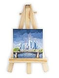 Skyline von Frankfurt am Main gemalt, Format: 5x5 cm, Minileinwandbild inkl. Staffelei, kreativer Dekoartikel & Geschenkartikel für jeden Anlass.