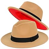FADACHY Trendige Fedora-Hüte für Damen und Herren, breite Krempe, Filzhut, Kleid, Panama-Hut, zweifarbig, Fedora, Kamelrot, Large