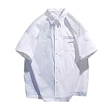 Hemd Herren Freizeithemd Kurzarm Shirts Sommer Hemden Für Herren Button Down Western Bluse Regular Fit Vertikale Streifen Taschendekoration A-White M