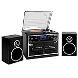 auna 388-BT Stereoanlage mit Plattenspieler Musikanlage (Doppelkassettendeck, Digitalisierungs-Funktion, für CD, MP3-CD, Schallplatten, MP3, Holzoptik, Fernbedienung) schwarz