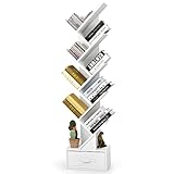 COSTWAY Bücherregal mit Schublade, 8-stöckiges Standregal, Regal in Baumform, CD- und DVD-Regal, für Schlafzimmer, Wohnzimmer und Heimbüro, 38 x 21,5 x 149,5 cm (Weiß)